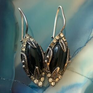 Onyx and sterling earrings with leaf designs and Cz accents artisanal